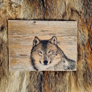 Wolf painting on old wood