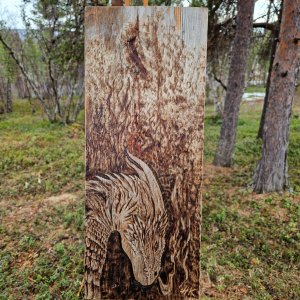 Dragon pyrography on old wood