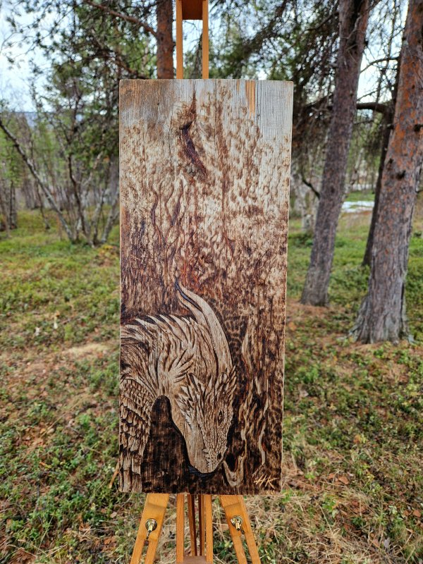 Dragon pyrography on old wood