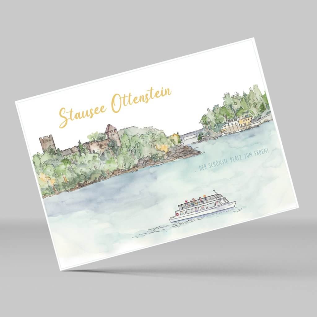 Gezeichnete Postkarte mit Ruine Lichtenfels umgeben vom Stausee Ottenstein.