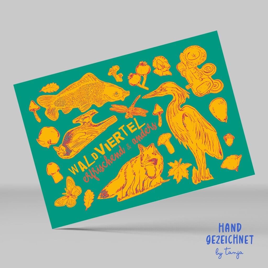 Waldviertel Postkarte, erfrischend & anders. Türkis gelbe Tiere