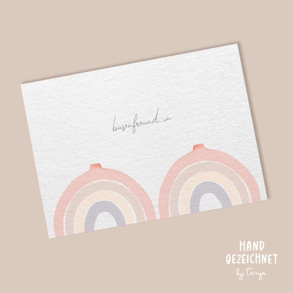 Postkarte mit 2 Regenbögen die an Boobs erinnern und dem Text: BUSENFREUNDIN bosom buddy