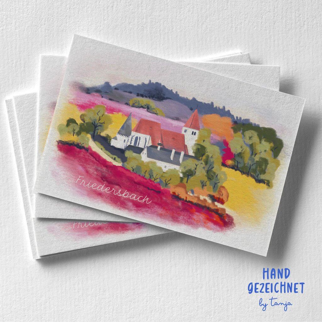 Friedersbach im Waldviertel, Kirche mit Karner, bunte Ansichtskarte, handgezeichnet