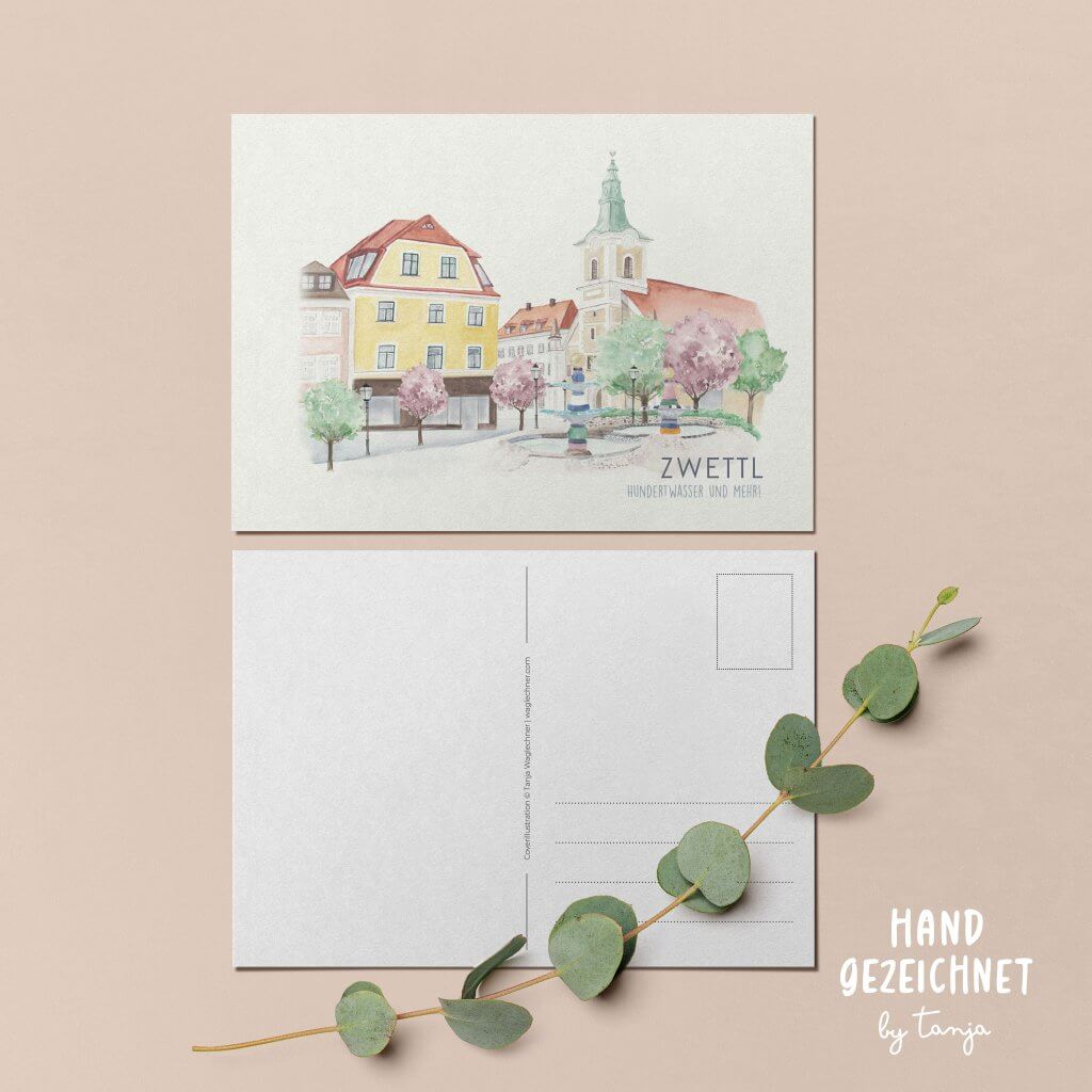 Aquarell vom Hundertwasserbrunnen mit Blick auf das Zwettler Rathaus