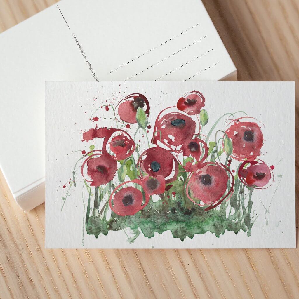 Karte mit handgezeichneten Aquarell-Mohnblumen