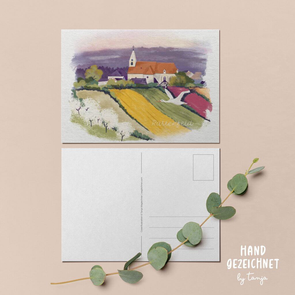 Bunte Illustration Rastenfeld mit Kirche, Storch und Kriecherlbäume