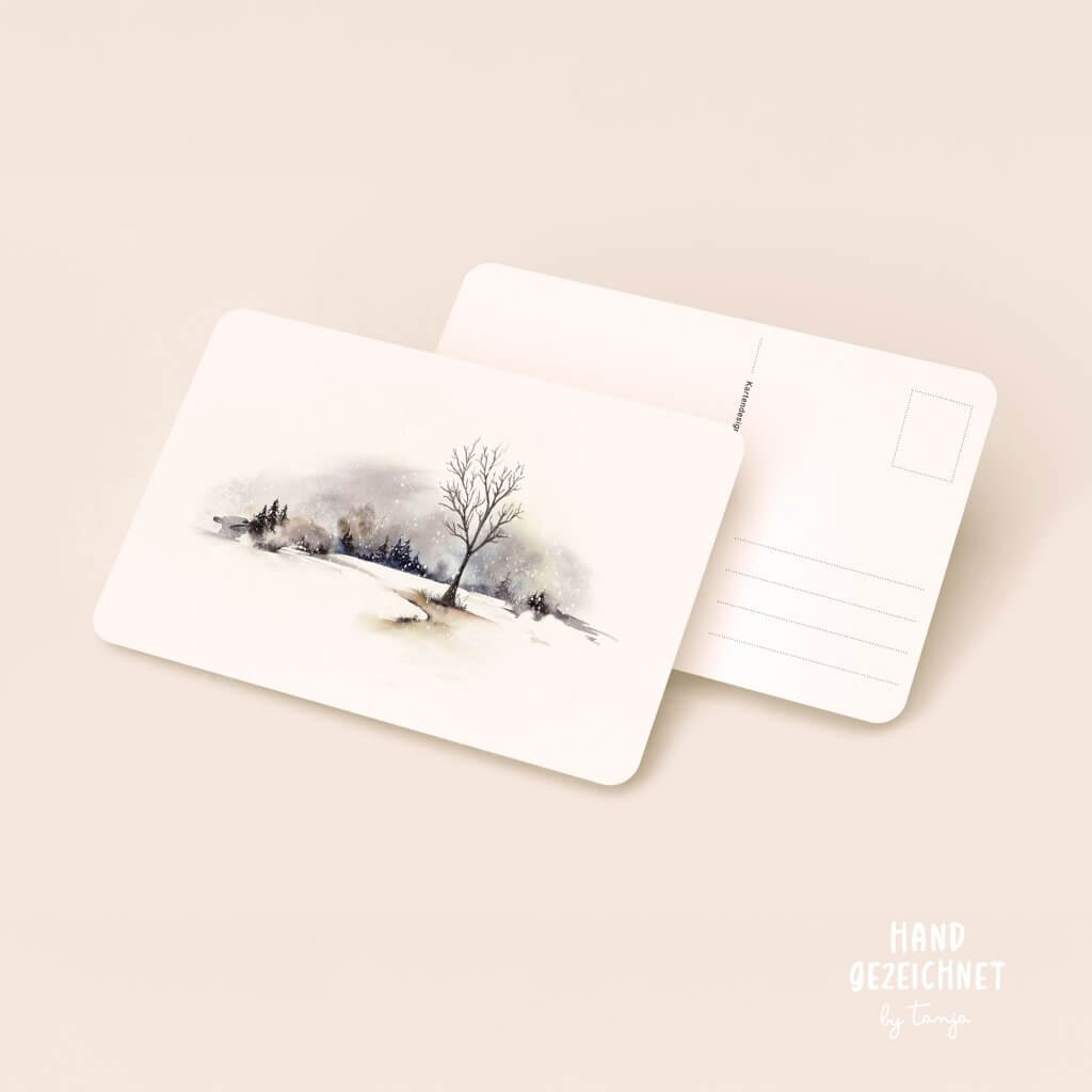 Winterliches Aquarell auf Postkarte mit Schneegestöber.