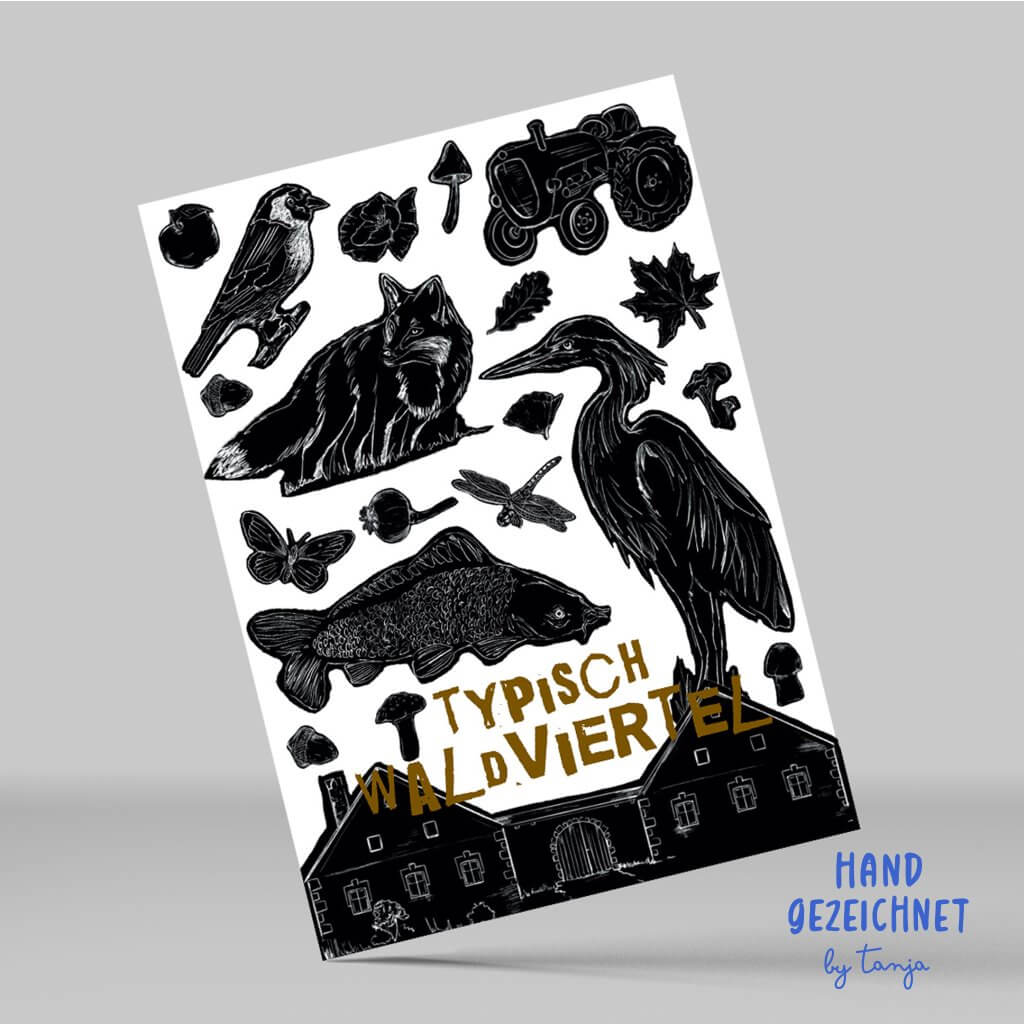 Schwarz-weiß Zeichnungen von Bauernhof, Karpfen, Libelle, Fuchs, Reiher uns Specht auf Postkarte