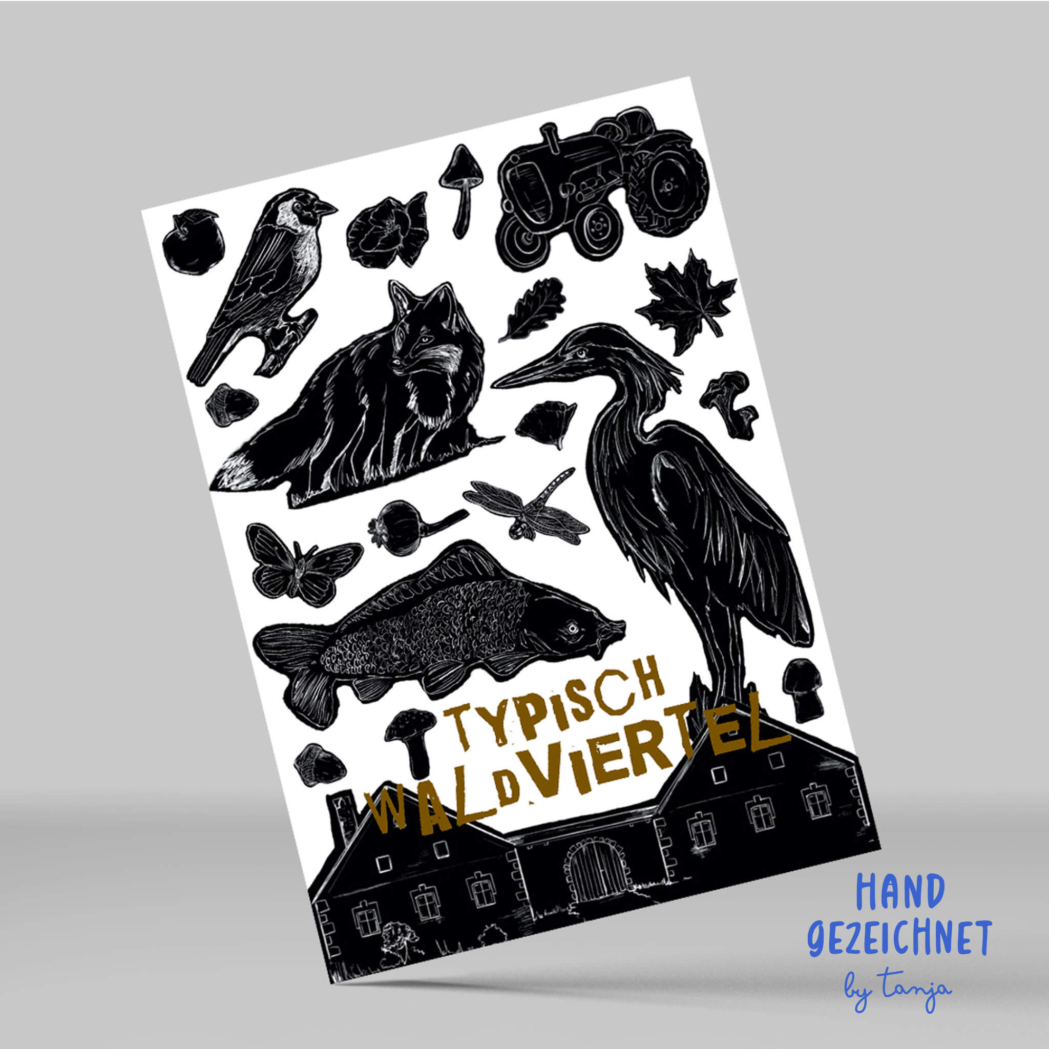 Schwarz-weiß Zeichnungen von Bauernhof, Karpfen, Libelle, Fuchs, Reiher uns Specht auf Postkarte