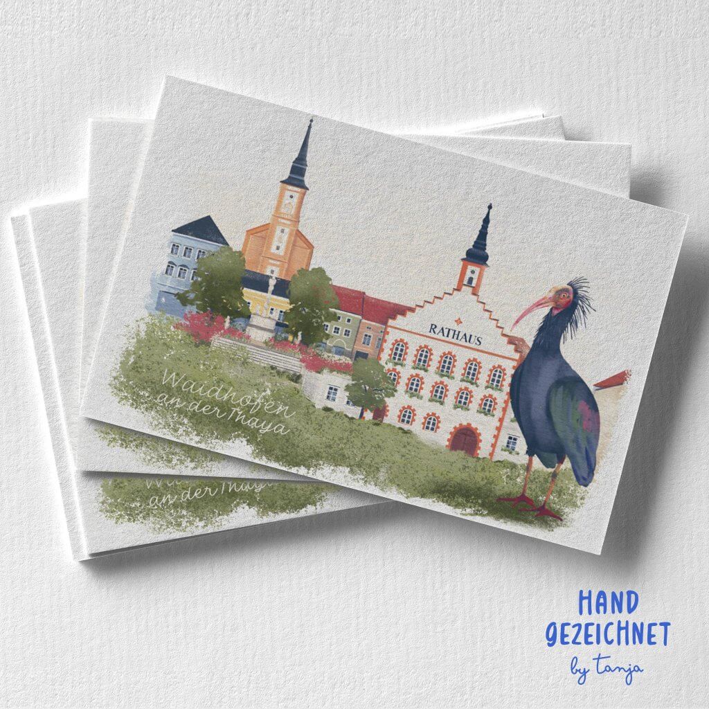 Ansichtskarte von Waidhofen/Thaya, handgezeichnet mit Kirche, Rathaus und Waldrapp