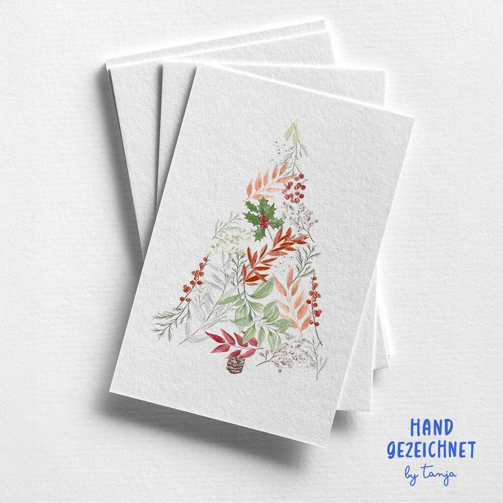Postkarte mit Weihnachtsbaum aus lauter Zapfen und Reisig gestaltet.
