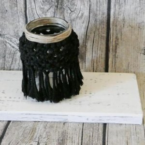 Makramee Teelichtglas mittel „schwarz 1“