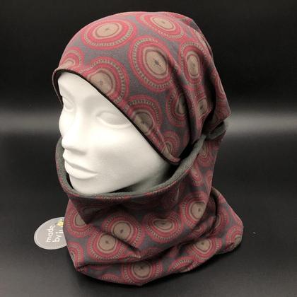 DAMEN- SET (WENDEHAUBE+XXL-LOOPSCHAL) "Retro- Kreise braun"