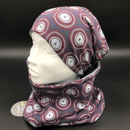 DAMEN- SET (WENDEHAUBE+XXL-LOOPSCHAL) "Retro- Kreise grau"
