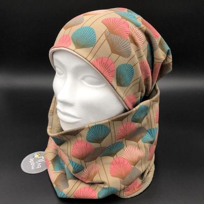 DAMEN- SET (WENDEHAUBE+XXL-LOOPSCHAL) "Fantasieblumen beige/pink/petrol"