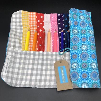 STIFTE-ROLLE mit 16 Fächern (inkl. 12 Buntstifte) - Retro- Kreise türkis