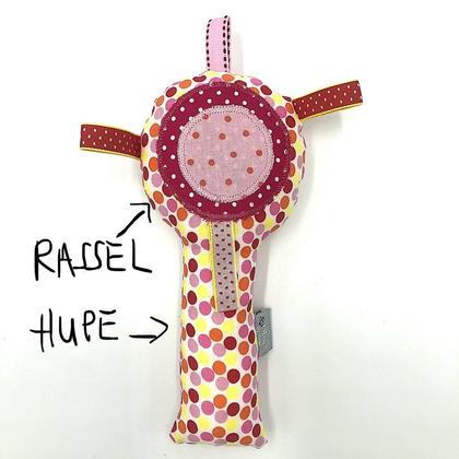 Quietsche- RASSEL mit Etiketten - Bunte Punkte rosa/gelb/rot