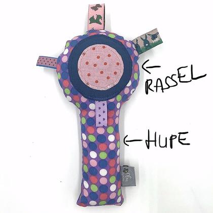 Quietsche- RASSEL mit Etiketten - Bunte Punkte lila/rosa