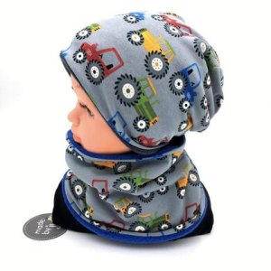 SET WINTER- HAUBE + LOOPSCHAL – TRAKTOR grau (Ausführung und Größe wählbar)