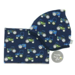 SET WINTER- HAUBE + LOOPSCHAL – TRAKTOR dunkelblau (Größe wählbar)