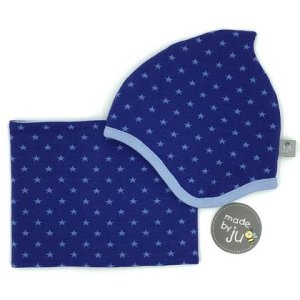 SET WINTER- HAUBE + LOOPSCHAL – STERNE mittelblau (Größe wählbar)