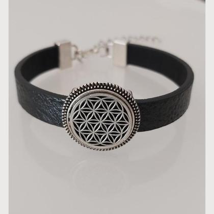 Armband aus Leder - schwarz - mit Blume des Lebens
