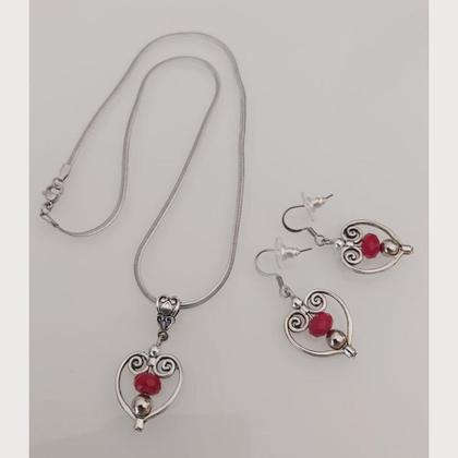 Schmuckset - Trachten Halskette und Ohrringe - rot - Edelstahl