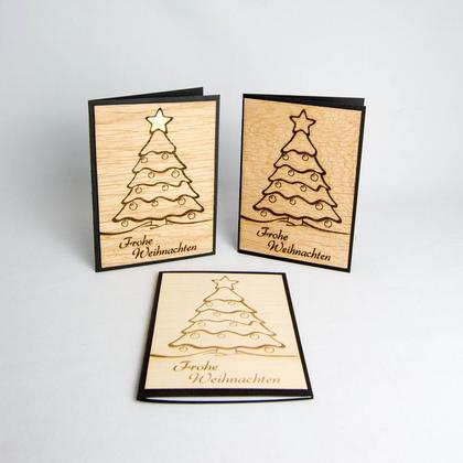 Holz Weihnachtskarte "Frohe Weihnachten & Tannenbaum" mit Blattgoldstern
