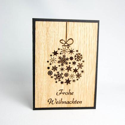 Holz Weihnachtskarte Schneeflockenkugel "Frohe Weihnachten"