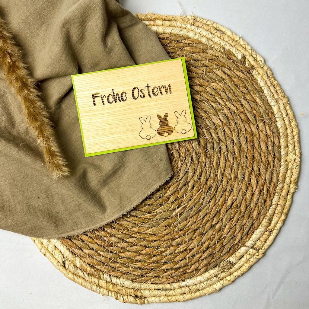 Holz-Karte "Frohe Ostern" & 3 Häschen