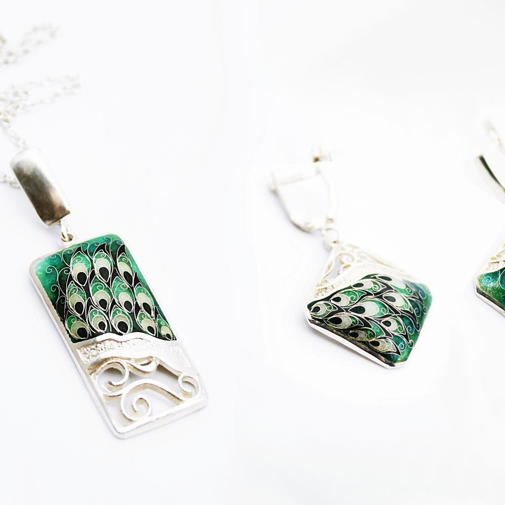 Anhänger & Ohrringe "Pfau" von Cloisonne Enamel