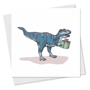 MINI-GRUSSKARTE *Dino mit Geschenk*, 9×9 cm