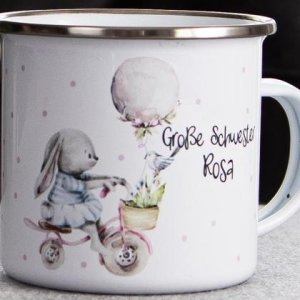 Emaille Becher Häschen am Fahrrad, Ostergeschenk