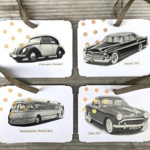 Geschenksanhänger, Vintage Autos, 4 Stück