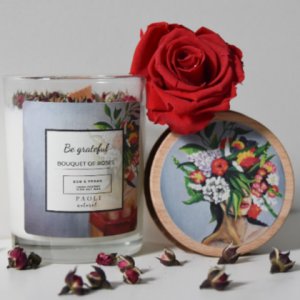 Sojakerze, ätherisches Öl: ROSE, Holzdocht, Glas mit Holzdeckel, Hausdekoration