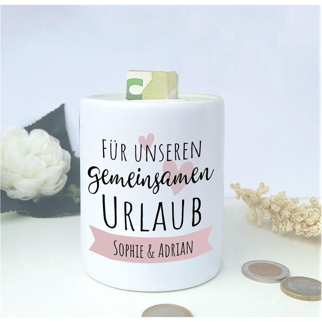 Spardose "Für unseren gemeinsamen Urlaub" mit Wunschnamen