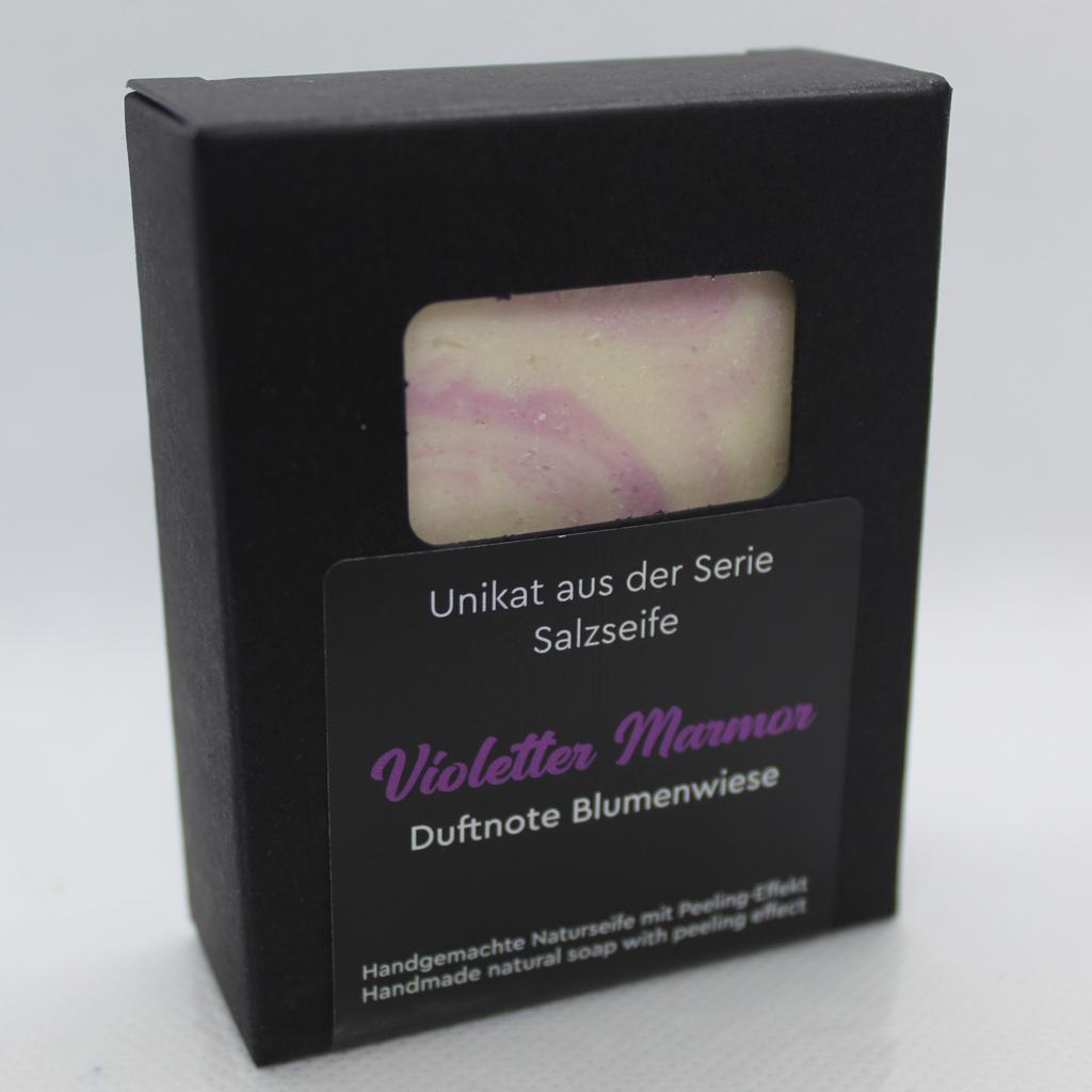 Naturseife Salzseife Violetter Marmor mit Duftnote Blumenwiese. Peelingseife