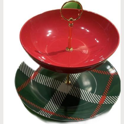 Etagere "Karo Grün/rot  mit rotem Teller"