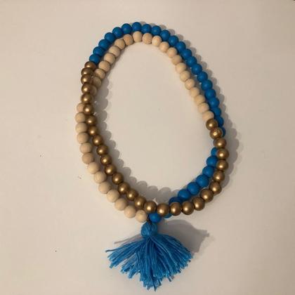 Kette - Holzperlen - Natur/Blitzblau/Gold - Quaste