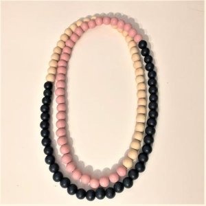 Kette – Holzperlen – Natur/Rosa/Dunkelblau