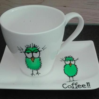 Kaffeetasse mit Untertasse "Coffee-Vogel" grün