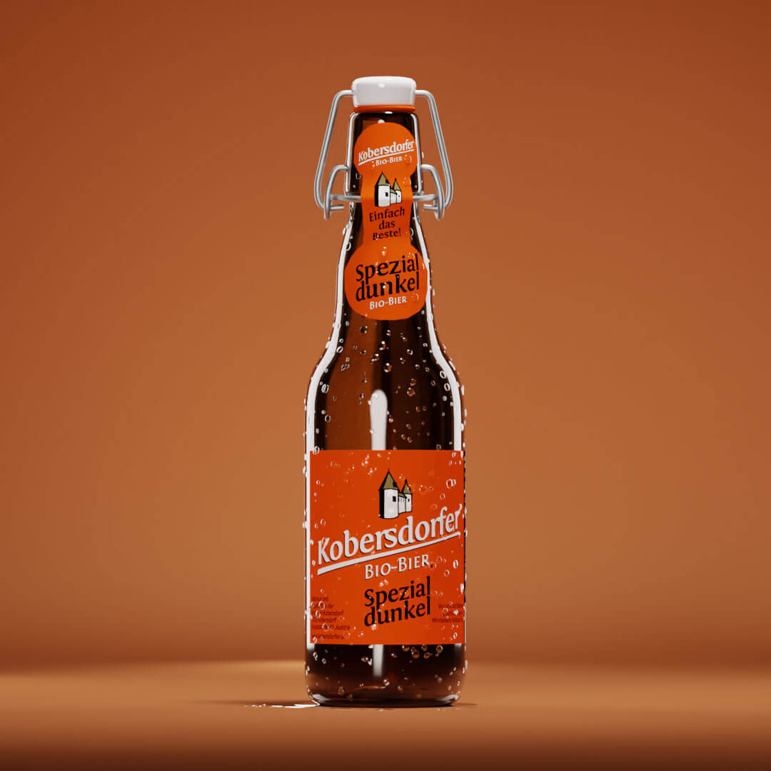 Eine Flasche von Kobersdorfer Spezial Dunkel Biobier