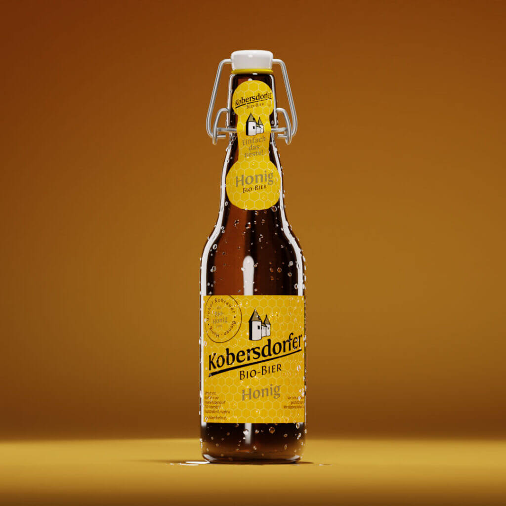 Eine Flasche von Kobersdorfer Bio Honigbier